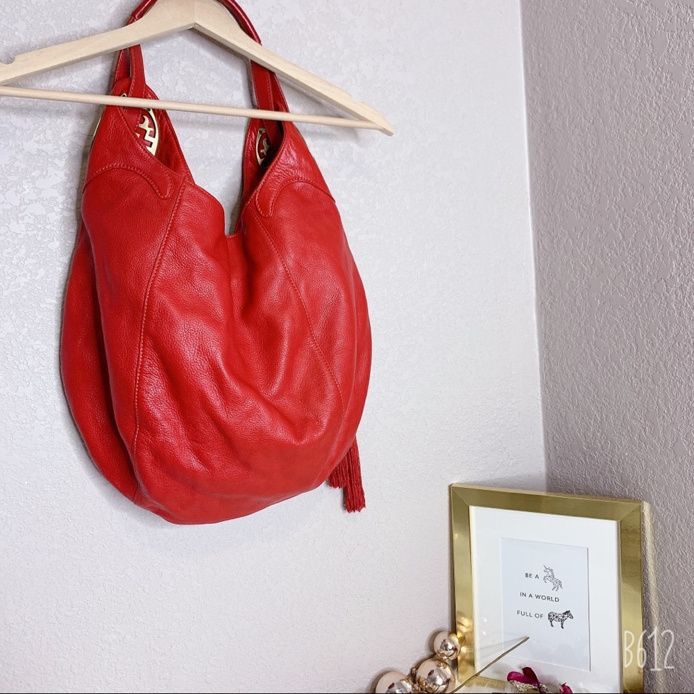 Gorgeous Shanghai Tang Red Leather Tassel Satchel - Picture 3 of 8